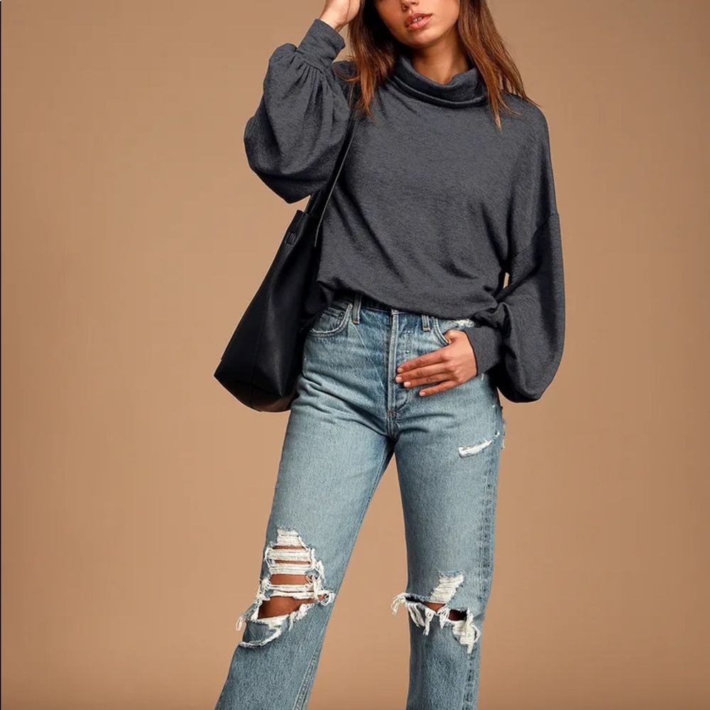 Lulus Charcoal balloon sleeve turtleneck top